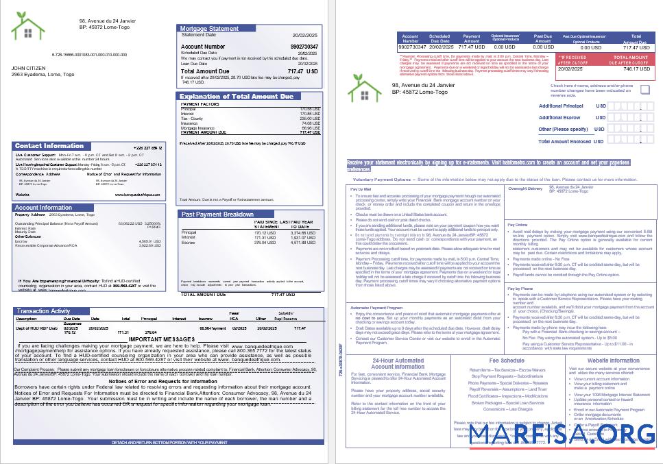 Realistic Togo Financial Bank mortgage statement in Word and PDF formats, 3 pages template